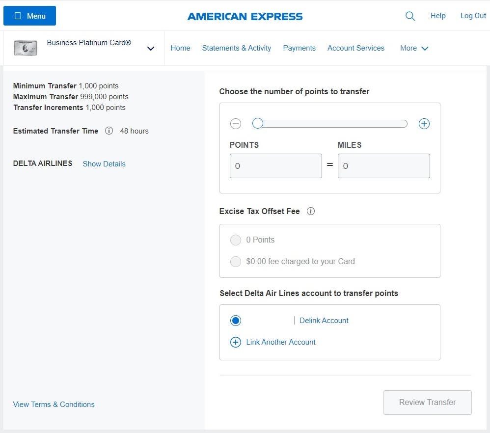 Screenshot of American Express account management page