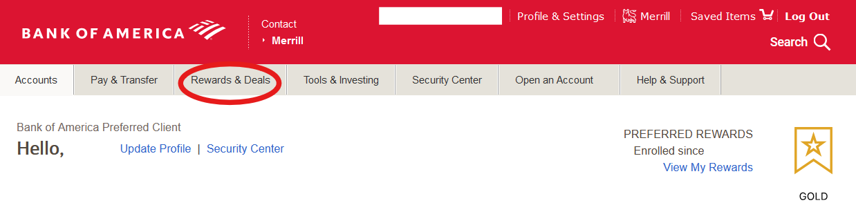Screenshot of the BoA website showing the rewards and deals option